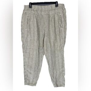 By Anthropologie Pants Womens Large Green Stripe 100% Linen Pull On Ankle Crop
